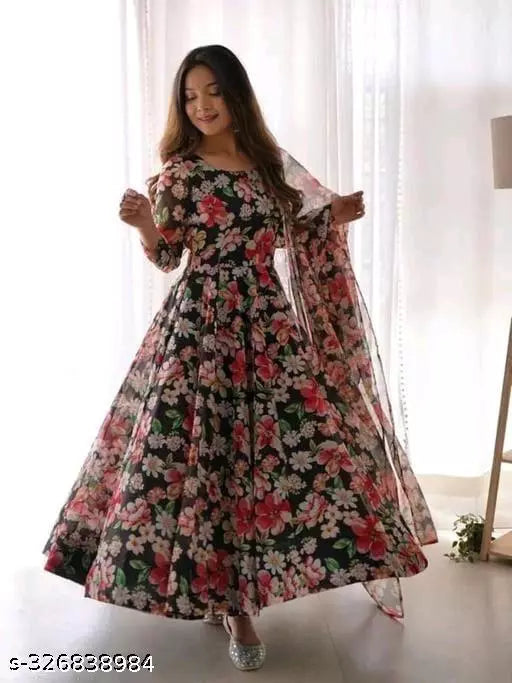 WOMEN ORGANZA LONG GOWN WITH LACE BORDER DUPTTA