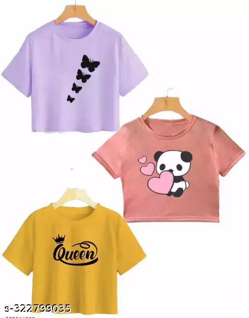 Trendy Feminine Printed Crop Tshirt Round Neck Top For Womens (Combo 3)