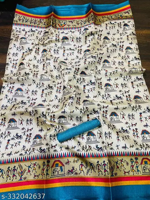 WARLI PRINTED KHADI SILK BLENDED LIGHT WEIGHT COMFERTABLE WEAR DESIGNER SAREE WITH BLOUSE