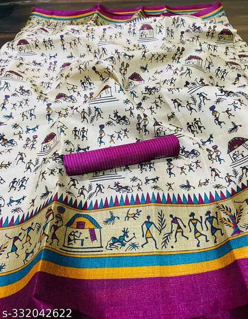 WARLI PRINTED KHADI SILK BLENDED LIGHT WEIGHT COMFERTABLE WEAR DESIGNER SAREE WITH BLOUSE