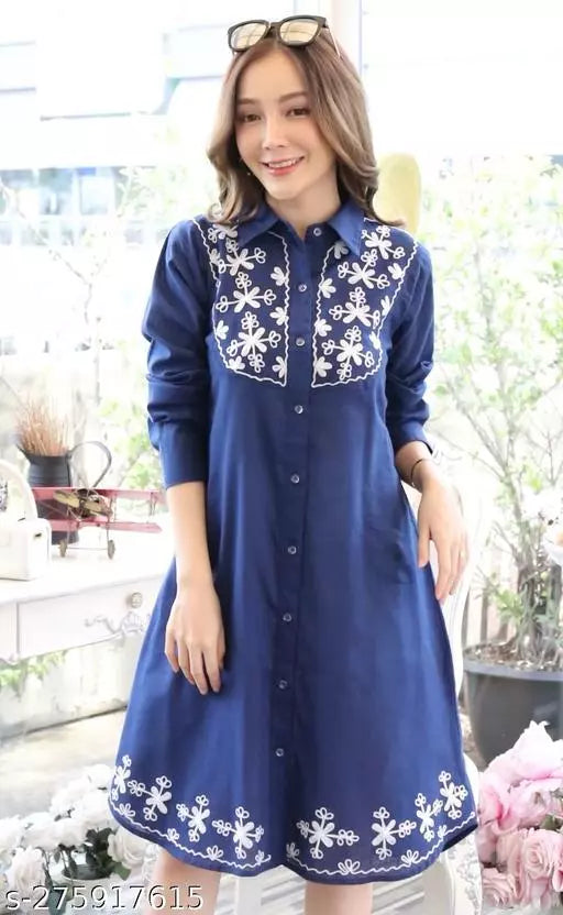 Cotton Dress with Side pockets and White Emroidery