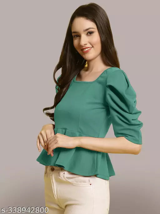 Women Square Neck Puff Sleeves Peplum Top (Women Top | Women Tops | Top)