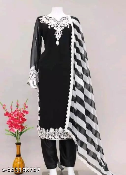 Women's Patiala Chainstich Multiwork Double Sequence Embroidered fancy Stylish fashion Georgette Black Womens Unstiched Suits And dress Materials