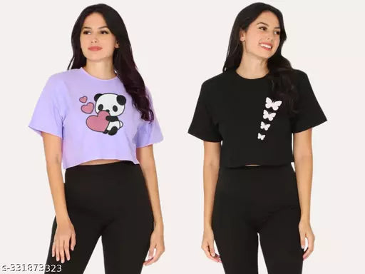 Trendy Feminine Printed Crop Tshirt Round Neck Top For Womens(Pack Of 2)