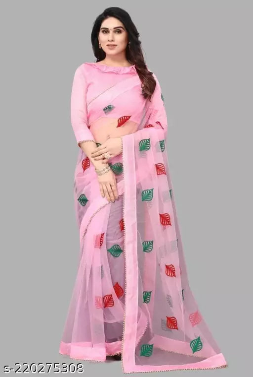 New Trending Fancy Net Saree Keri Design Pink