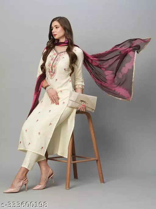 Anni Designer Women's Cream Cotton Blend Straight Embroidered Kurta With Trousers & Dupatta