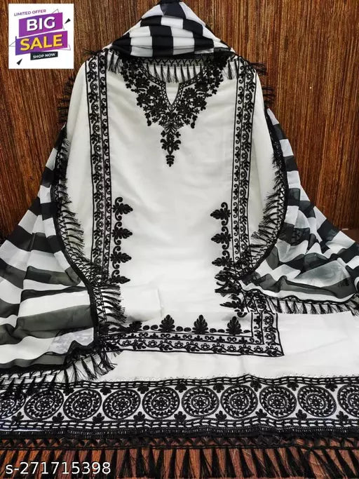 Fancy Women's Unstiched Patiala Georgette Suits With Beautifull Chainstich Work White Suit