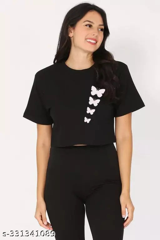 Trendy Feminine Printed Crop Tshirt Round Neck Top For Womens