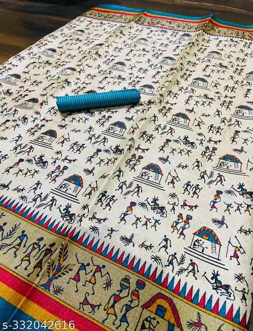 WARLI PRINTED KHADI SILK BLENDED LIGHT WEIGHT COMFERTABLE WEAR DESIGNER SAREE WITH BLOUSE