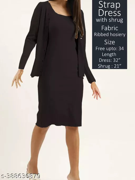 JKP COLLECTION Women & Girl Casual Strap Dress With Shrug Pattern Solid  Shrug Lenth 21  Fabric Lycra In Color Black