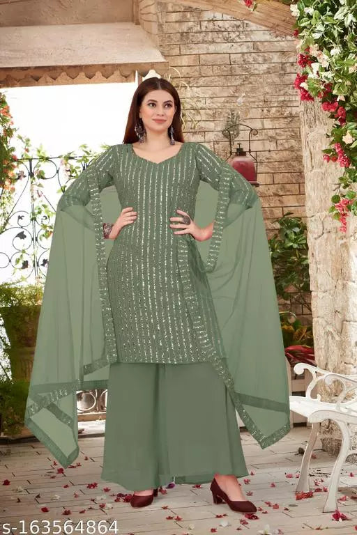 Women's Faux Georgette Sequence Embroidery Work Unstitched Top With Full Stitched Sharara and dupatta