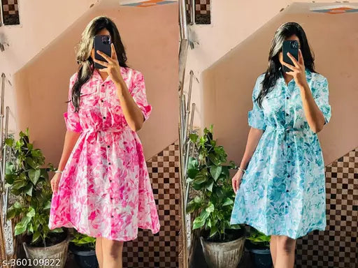 JKP COLLECTION  Women's & Girls's Stylish Rayon Collared Shirt Flared Mini Dress with Waist Belt  Pack Of 2 Pink  Mint Green