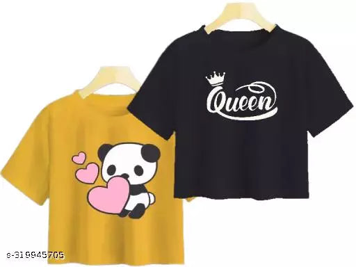 Trendy Feminine Printed Crop Tshirt Round Neck Top For Womens (Combo2)