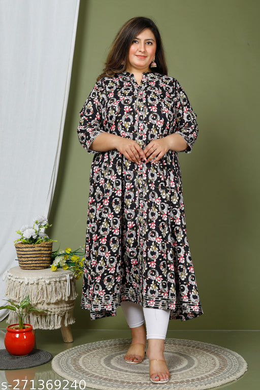 Swasti  Women Printed Cotton Blend Gown Kurta  (Black)