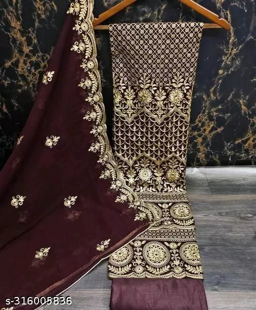 Women's Brown Floral Patiala Embroidered Sequence Work Georgette Salwar Suit & Dress Materials
