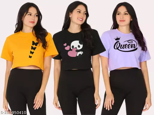 Trendy Feminine Printed Crop Top Round Neck Top For Womens (Pack Of 3)