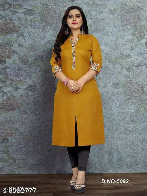 Women Cotton High- Slit Solid Mustard Kurti