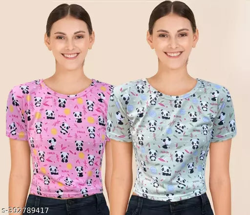 Trendy Feminine Printed Crop Tshirt Round Neck Top For Womens (Pack Of 2)
