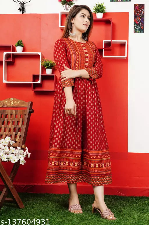 Shree Ganesh fashion's Rayon Anarkali Printed Maroon Gold  Kurti for women