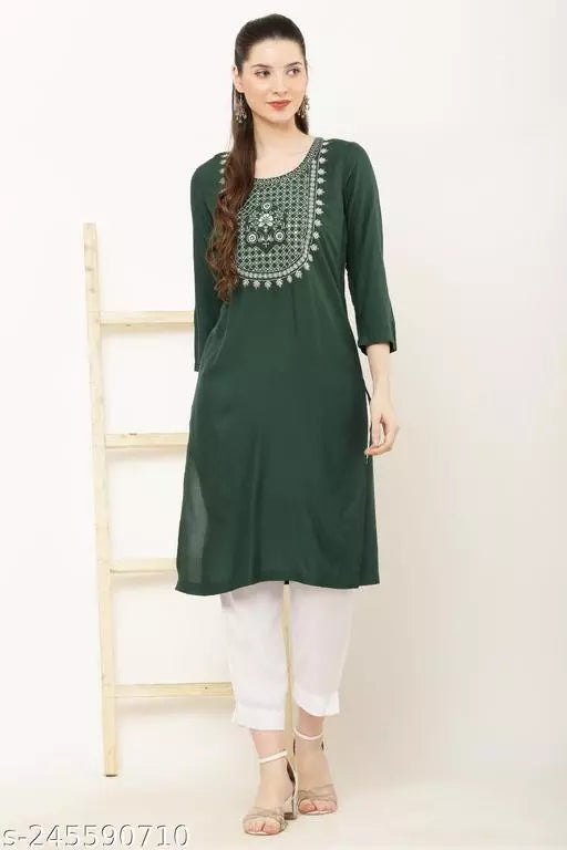 Vivient Women Dark Green Embroidered Kurti with White Pant
