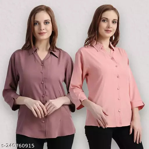 Trendy Women Regular Fit Solid Spread Collar Casual Shirt(Pack Of 2)