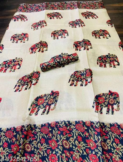 ELEPHANT PRINTED KHADI SILK BLENDED LIGHT WEIGHT COMFERTABLE WEAR SAREE WITH BLOUSE