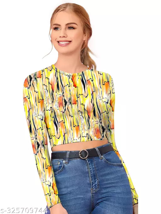 Western Printed Round Neck Crop Top