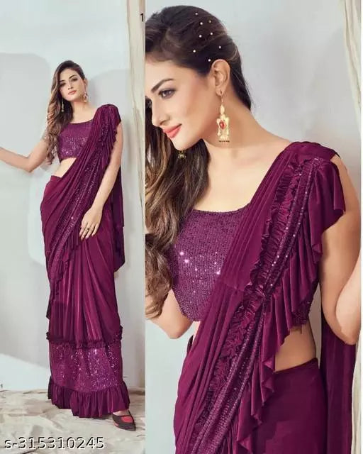 Ready To Wear Lycra  Freel Style Fancy Party Wear Sarees Wine Colour Sarees with sequance blouse BY Kraddle