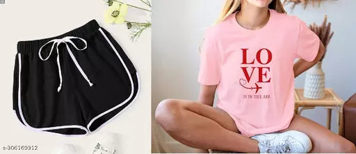 Vivient Women Black Shorts and Pink Love Printed T-Shirt Combo