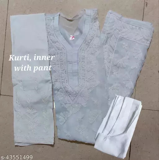 Handwork Chikankari Butterfly Chiffon kurti set+pant+inner.