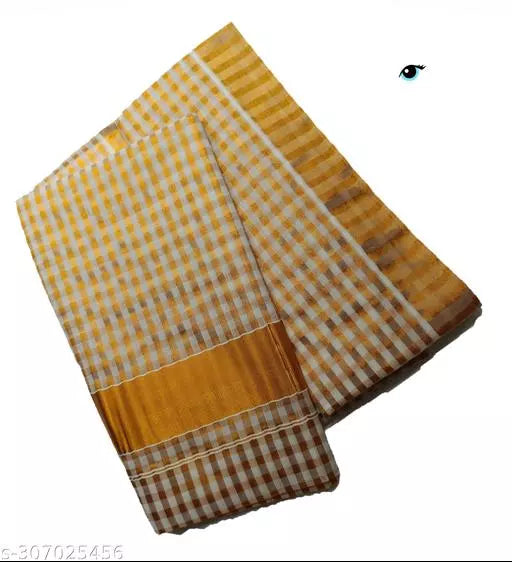 CHECKS ALL OVER REAL HAND WOOVEN KERALA KASAVUE PURE COTTON ART SILK SAREE