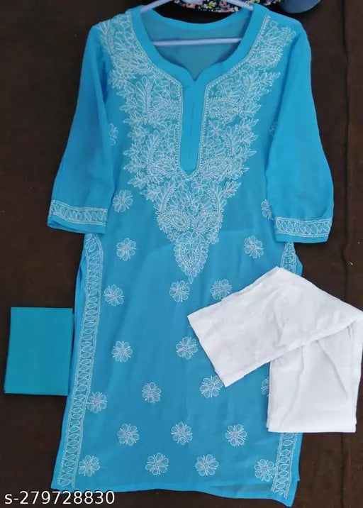 CHIKANKARI CHIFFON KURTI WITH INNER + PANT