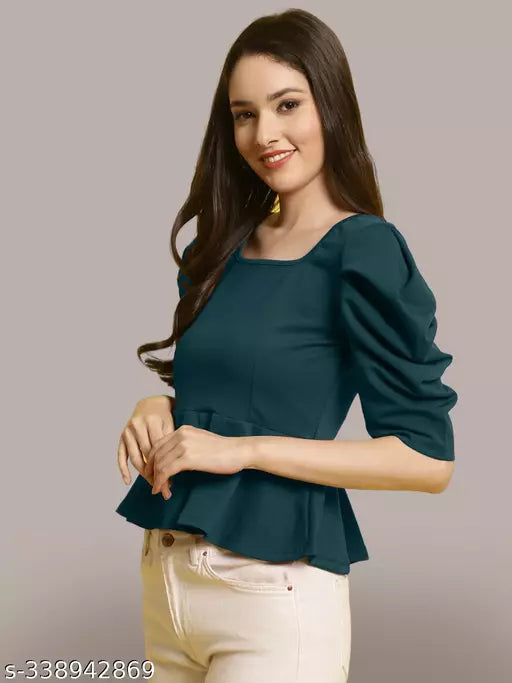 Women Square Neck Puff Sleeves Peplum Top (Women Top | Women Tops | Top)
