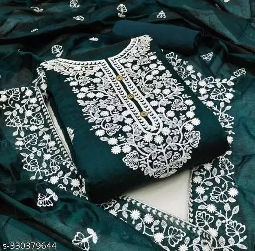Aayegi Sensationable Trendy Blue Chanderi Cotton Unstiched Chudidar Patiala Punjabi ChainStich Work Embroidered Party Wear Salwar Suits & Dress Materials