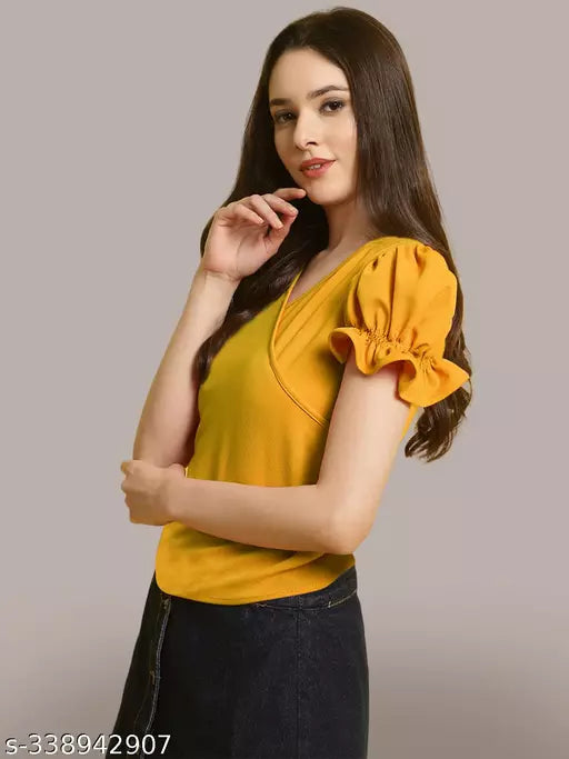 Women Yellow Solid Puff Sleeve Wrap Top (Women Top | Women Tops | Top)