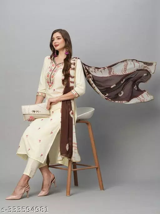 Anni Designer Women's Cream Cotton Blend Straight Embroidered Kurta With Trousers & Dupatta