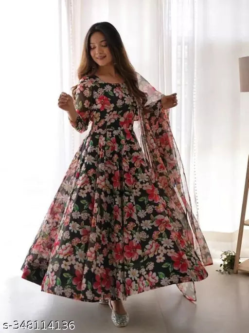 Printed Flower Women Georgette Anarkali Gown With Dupatta