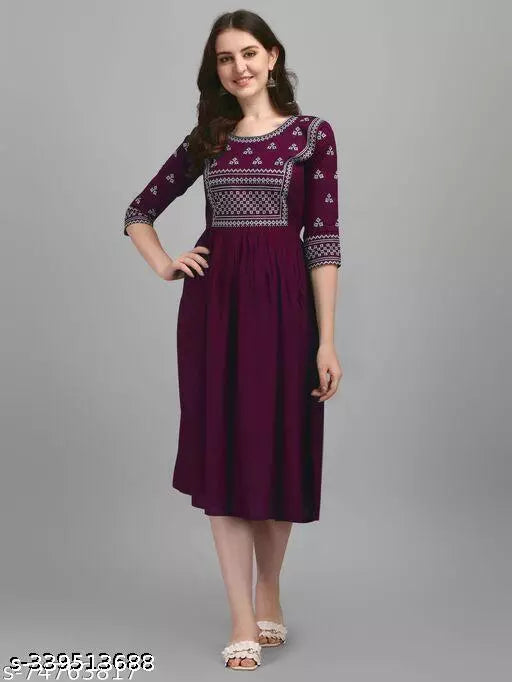 Stylish Women's Wine Rayon Embroidered Kurta: Perfect Ladies Dress Design