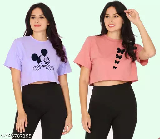 Trendy Feminine Printed Crop Tshirt Round Neck Top For Womens