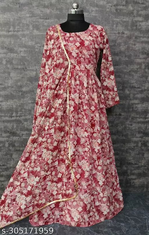 QVAZOR Stylish Fancy Trendy Printed Georgette Gown For Women For Party Wedding Festival Functions