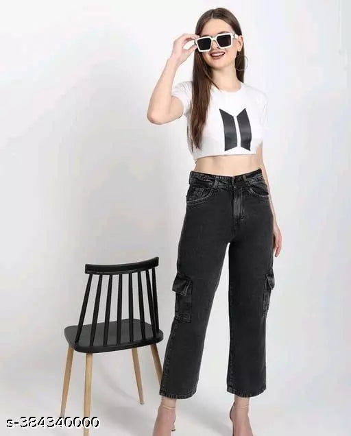 Women s & Girls Causal Denim  Straight Mid Rise Black 6 Pocket Jeans use for Outdoor & Indoor.