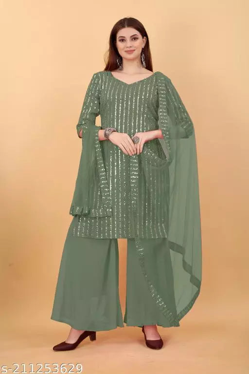 Women's Faux Georgette Sequence Embroidery Work Unstitched kurta(Dress Matirial) With Full Stitched Sharara and dupatta