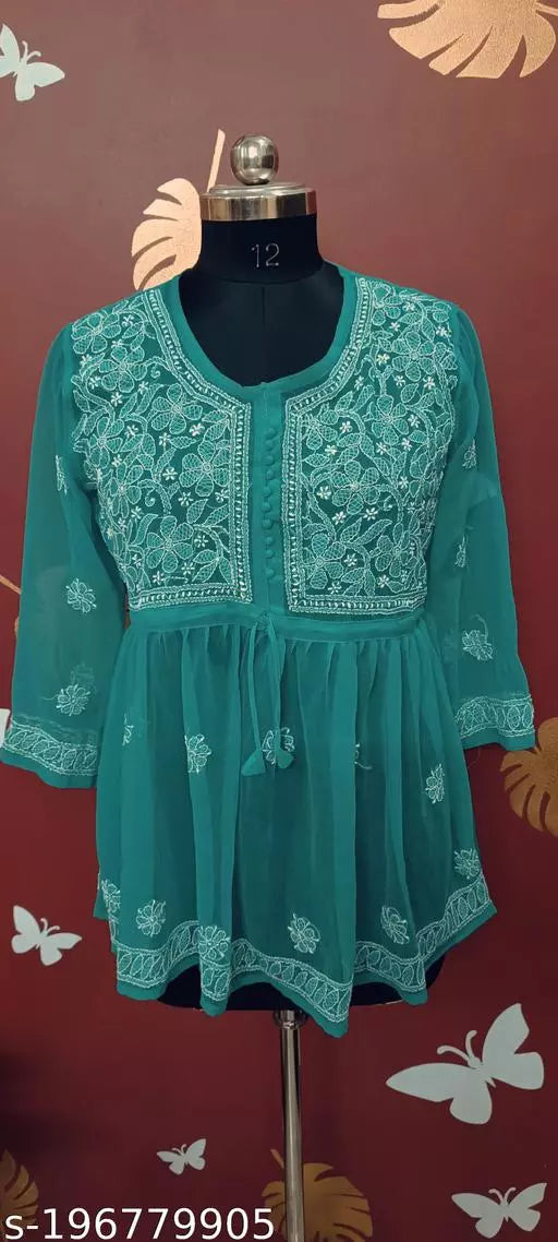 Handwork Embroidere Chikankari Chiffon Short Frock kurti .