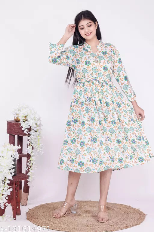 Stylish Women Printed  Rayon Ethnic Dress Botal Green