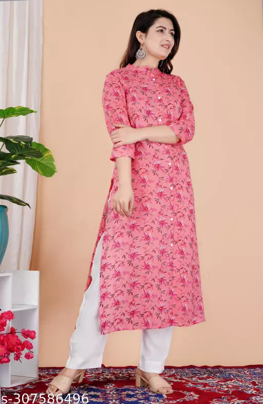 Stylish Womens kurtis Pink Color Ethnic Motif Printed Straight Kurti