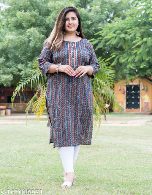 Swasti Women Plus Size Printed  Floral Print Pure Cotton Straight Kurta (Blue)