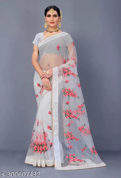 New Fancy Flower Net sarees with unstiched Blouse pieces With Moti work White Colour