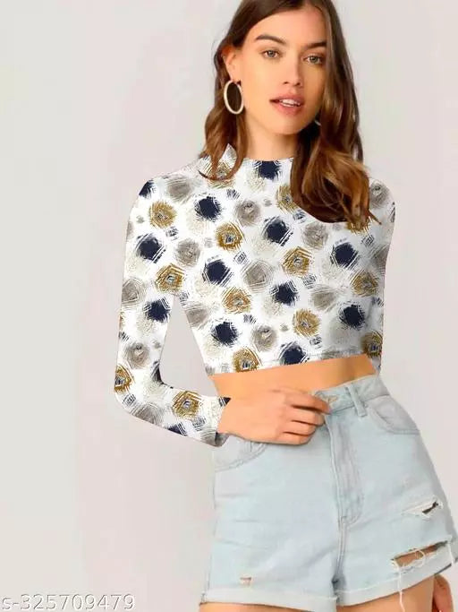 Western Printed Round Neck Crop Top
