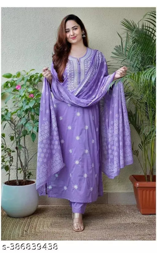 Women's Rayon Embroidery With Print Kurti  Pant And Dupatta