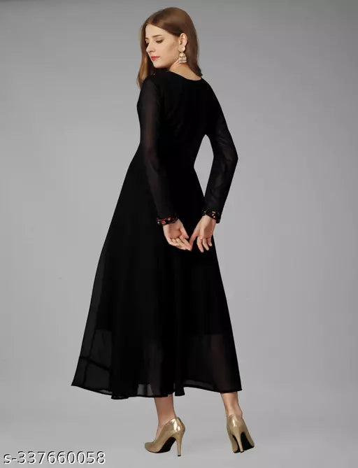 Exquisite Georgette Long Dress - Elegant Party Wear Black Gown for Women and Ladies